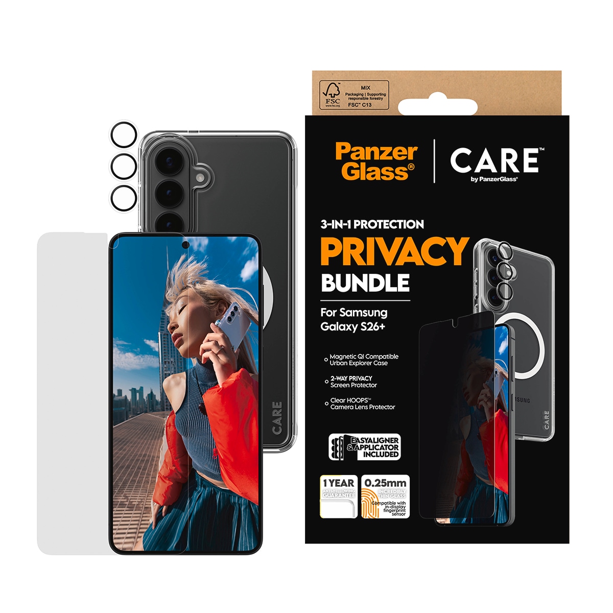 CARE BY PANZERGLASS Displayschutzglas "3-in-1 Protection Privacy Bundle", transparent, B:11cm H:2,5cm T:19,5mm, Displayfolien, Displayschutzfolie, Schutzfolie, Bildschirmschutz, kratz- & stoßfest