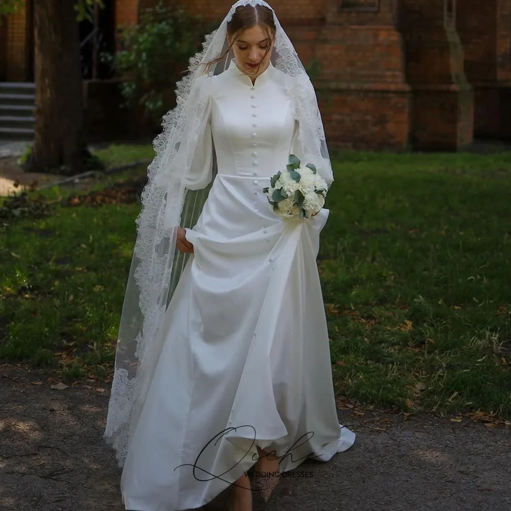 QICHE Modest Satin Muslim Wedding Dresses High Collar Long Sleeves Buttons Bridal Gown Customized vestidos de novia for Bride