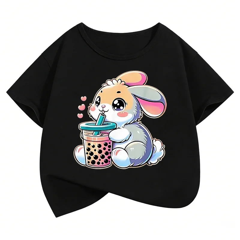 Magliette per bambini con grafica di coniglietti, t-shirt estive a maniche corte, abbigliamento per ragazzi e ragazze con animali dei cartoni animati, top kawaii, t-shirt per bambini Y2K