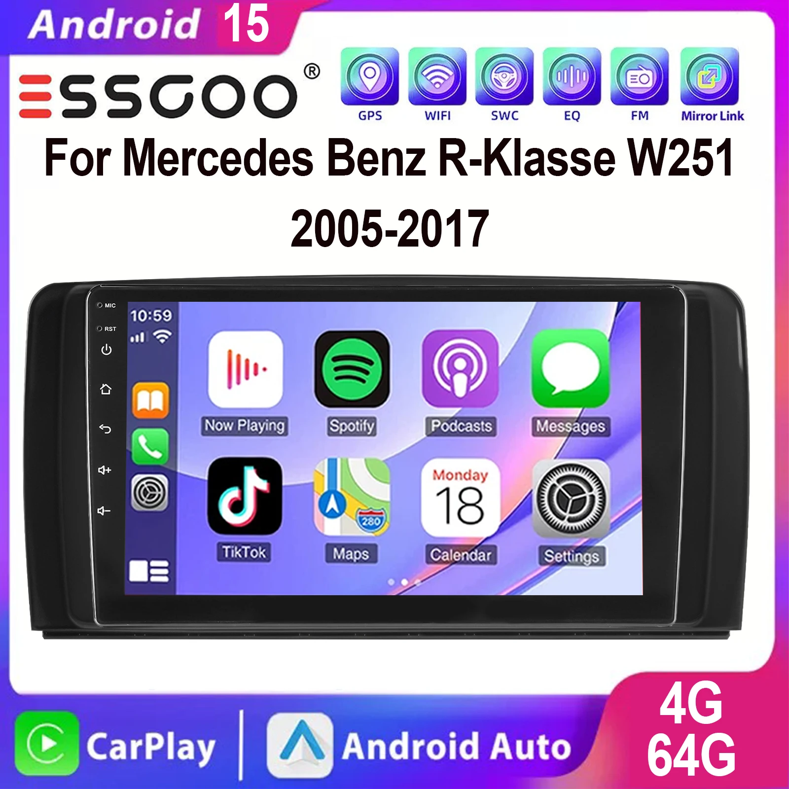 ESSGOO Android 15 Apple CarPlay Android Auto Wireless Per Mercedes Benz Classe R W251 2005-2017 Display Touch IPS 9 Pollici Autoradio GPS Navigazione WIFI USB Bluetooth Controlli al Volante Mirror