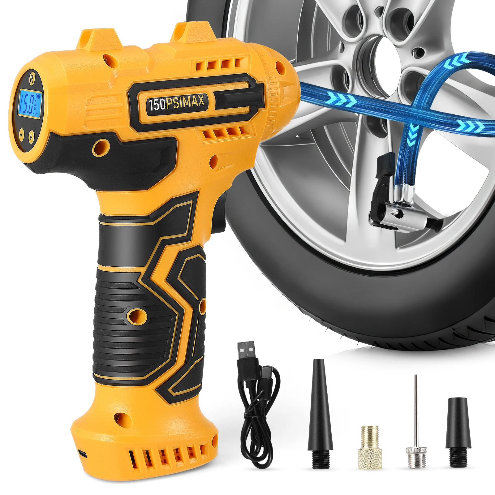 Compressore d'aria portatile, gonfiatore per pneumatici con pressione massima di 150 PSI, pompa d'aria per auto senza fili con due batterie da 2000 mAh e 4 adattatori per ugelli.