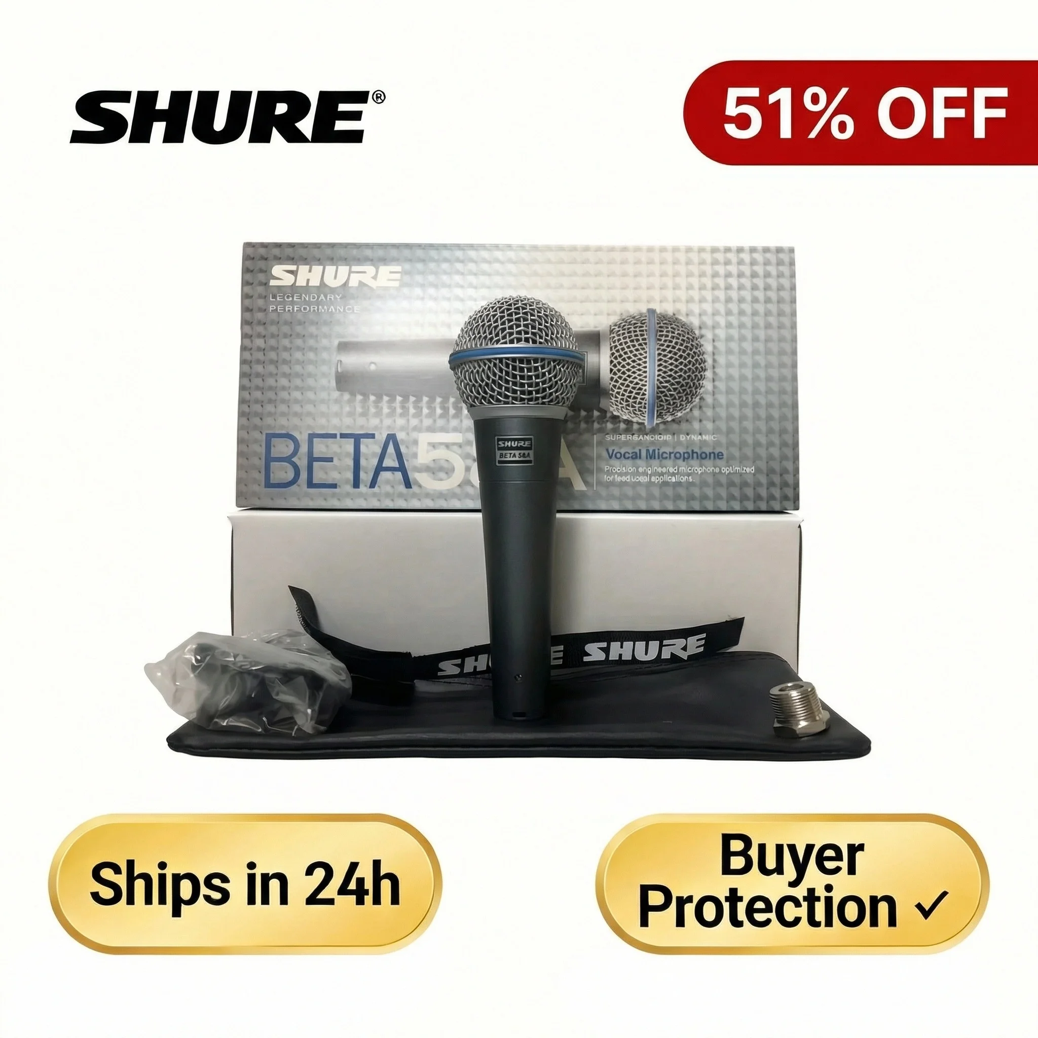 Microfono Vocale Dinamico Cablato Shure Beta 58A Professionale per Palco, Karaoke, Studio, Computer e Giochi, Adatto a Tutti i Musicisti