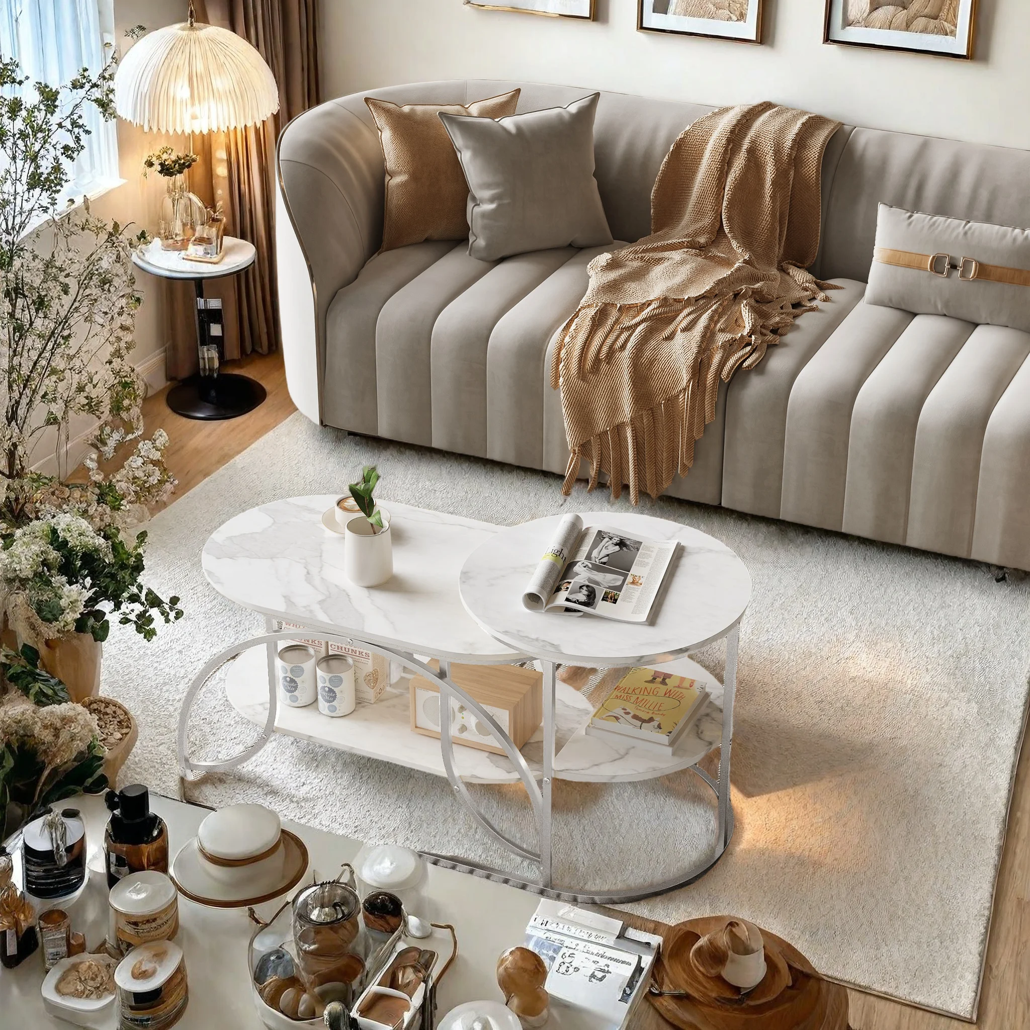 Tavolini da caffè impilabili, set da 2, tavolini da caffè rotondi separati con effetto marmo, tavolini laterali dorati, design moderno, struttura in metallo, per soggiorno, balcone, ufficio, argento