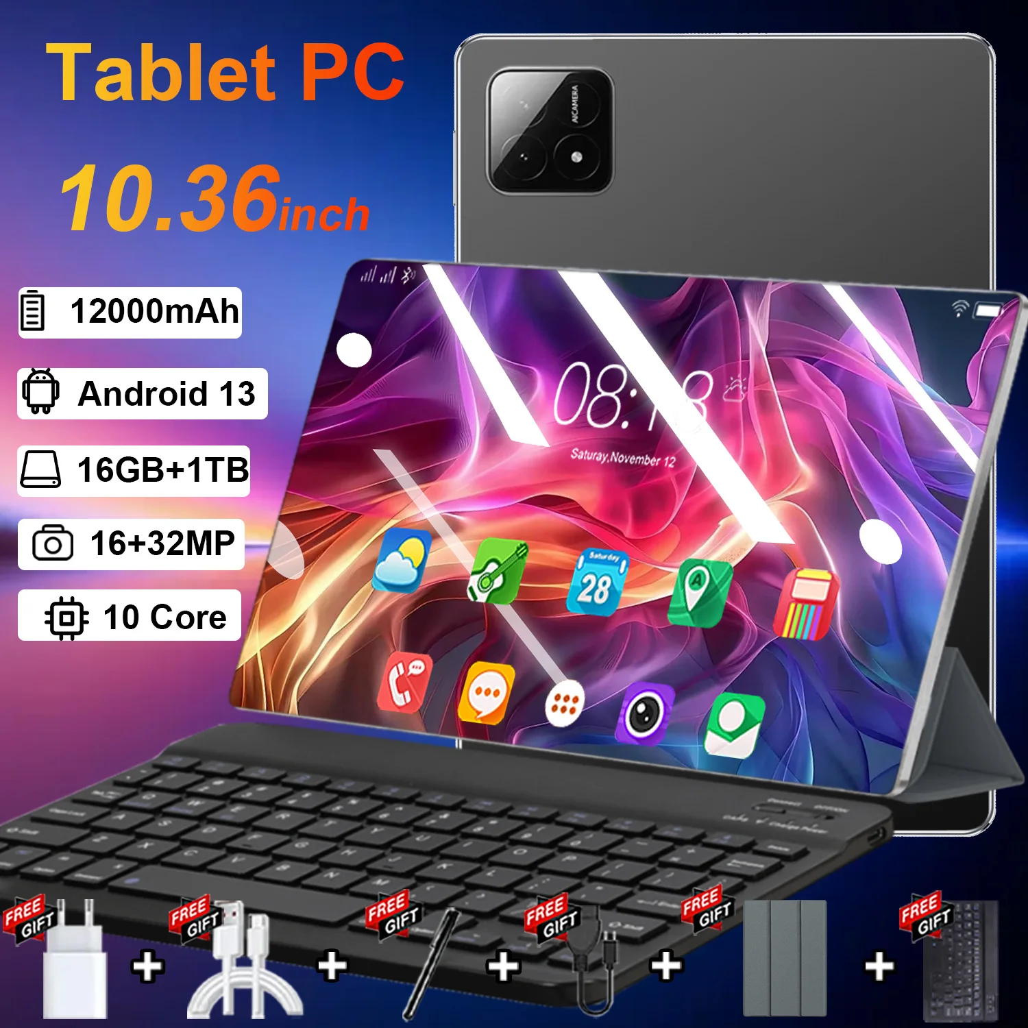 Nuovo Tablet 5G 2026 da 10.36 Pollici, 16GB+1TB, Android 13.0, Bluetooth, 10 Core, 12000mAh, WIFI, GPS, HD con Tastiera
