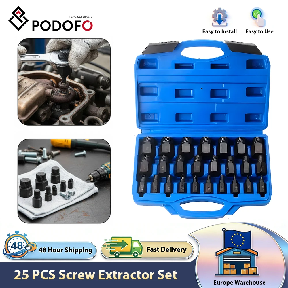 Set di estrattori per viti Podofo da 25 pezzi, set di estrattori per viti danneggiate, set di bulloni esagonali multi-dente, bulloni arrotondati in Cr-Mo per la rimozione di viti da auto