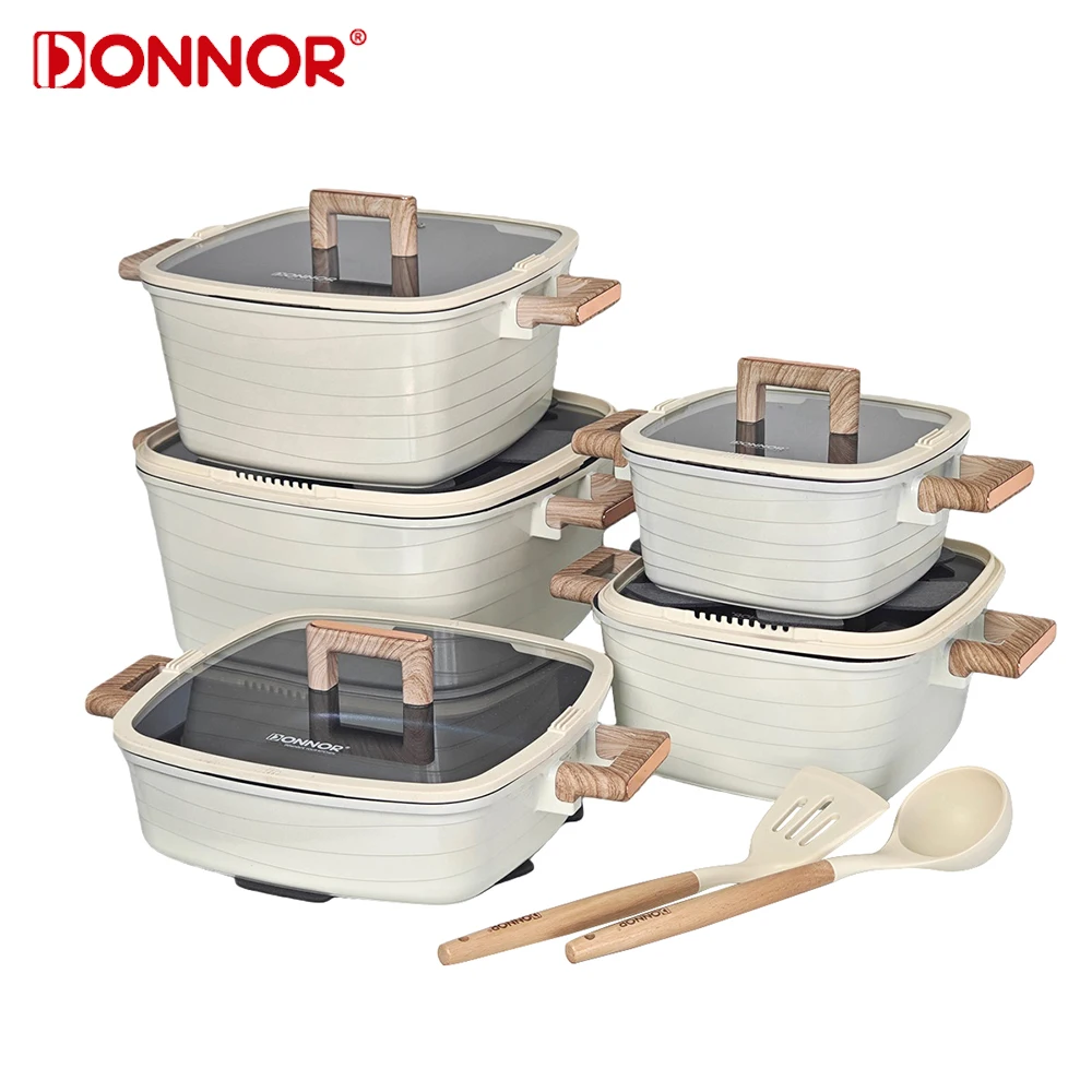 Set di pentole DONNOR da 15 pezzi, pentole quadrate per zuppe, pentole per brodo, set di padelle antiaderenti con manico in bachelite, pentola per cucinare adatta a tutti i tipi di fornelli