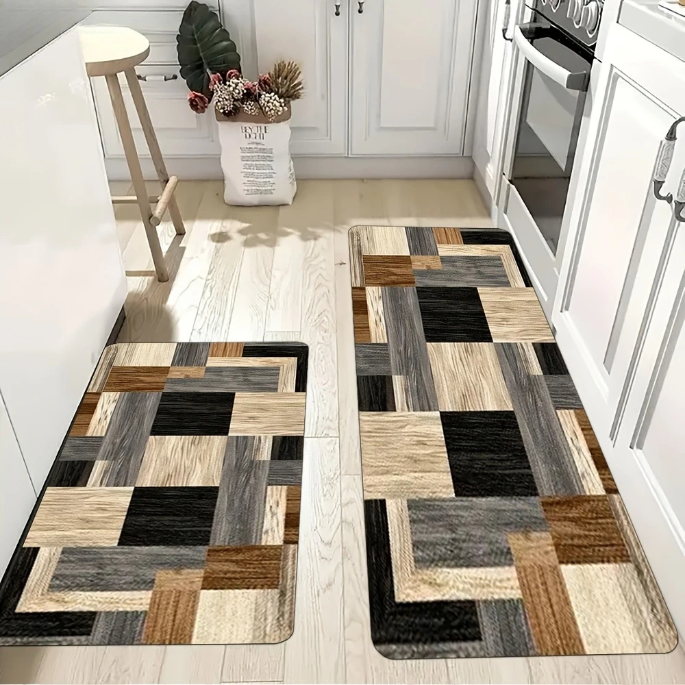 Grid Wood Grain Long Carpet Nordic Style Long Anti Slip Carpet Farmhouse Bedroom Kitchen Living Room Foyer Rug