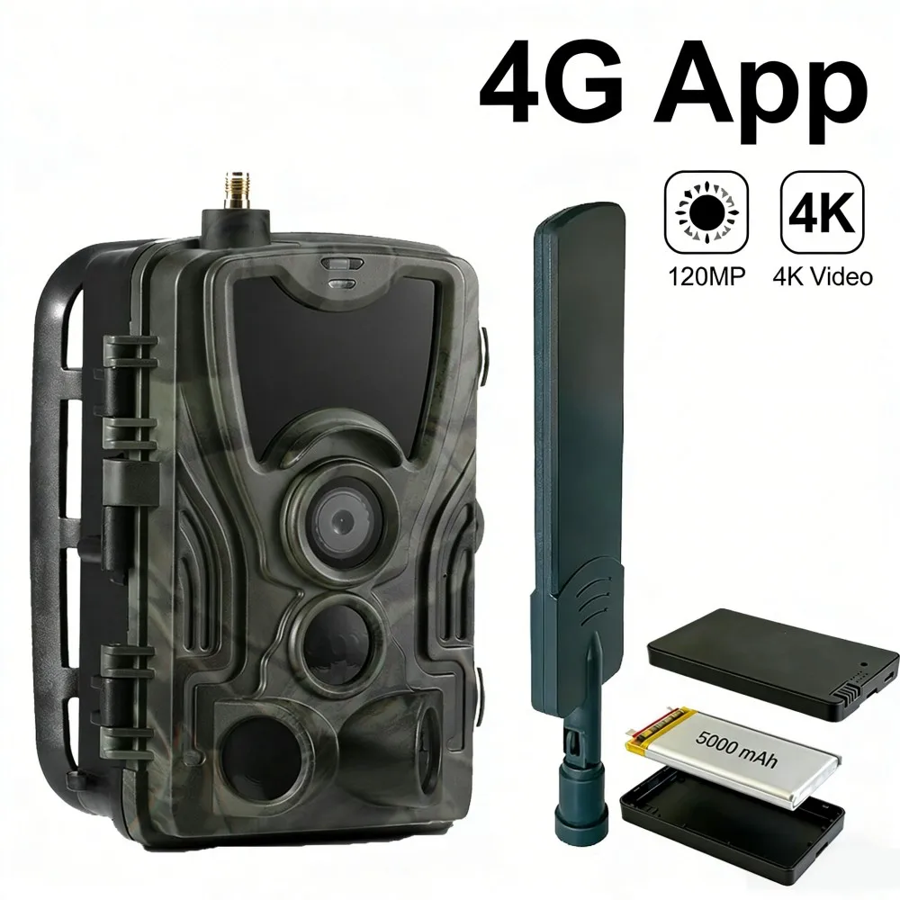 Fotocamera da Caccia 4G 4K 120MP con Video Live, Batteria 5000mAh, APP, Connessione Cellulare, IP66, Visione Notturna per Fauna Selvatica