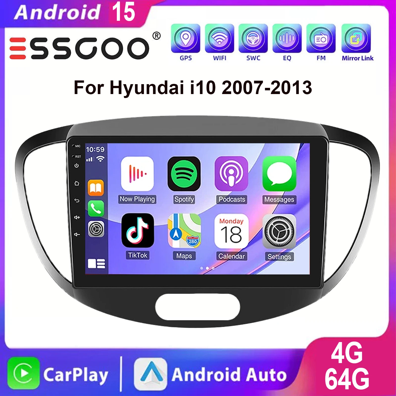 ESSGOO Android 15 Per Hyundai i10 2007-2013 Carplay wireless Android auto 9 Pollici Display touch IPS Autoradio Navigazione GPS WIFI Controllo del volante USB Bluetooth FM Collegamento specchio Suono