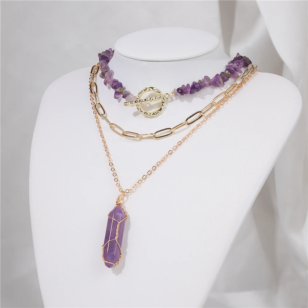 3 pezzi ametista collana di perline multistrato colonna esagonale pendente a pendolo girocollo pietra Reiki naturale clavicola catena gioielli