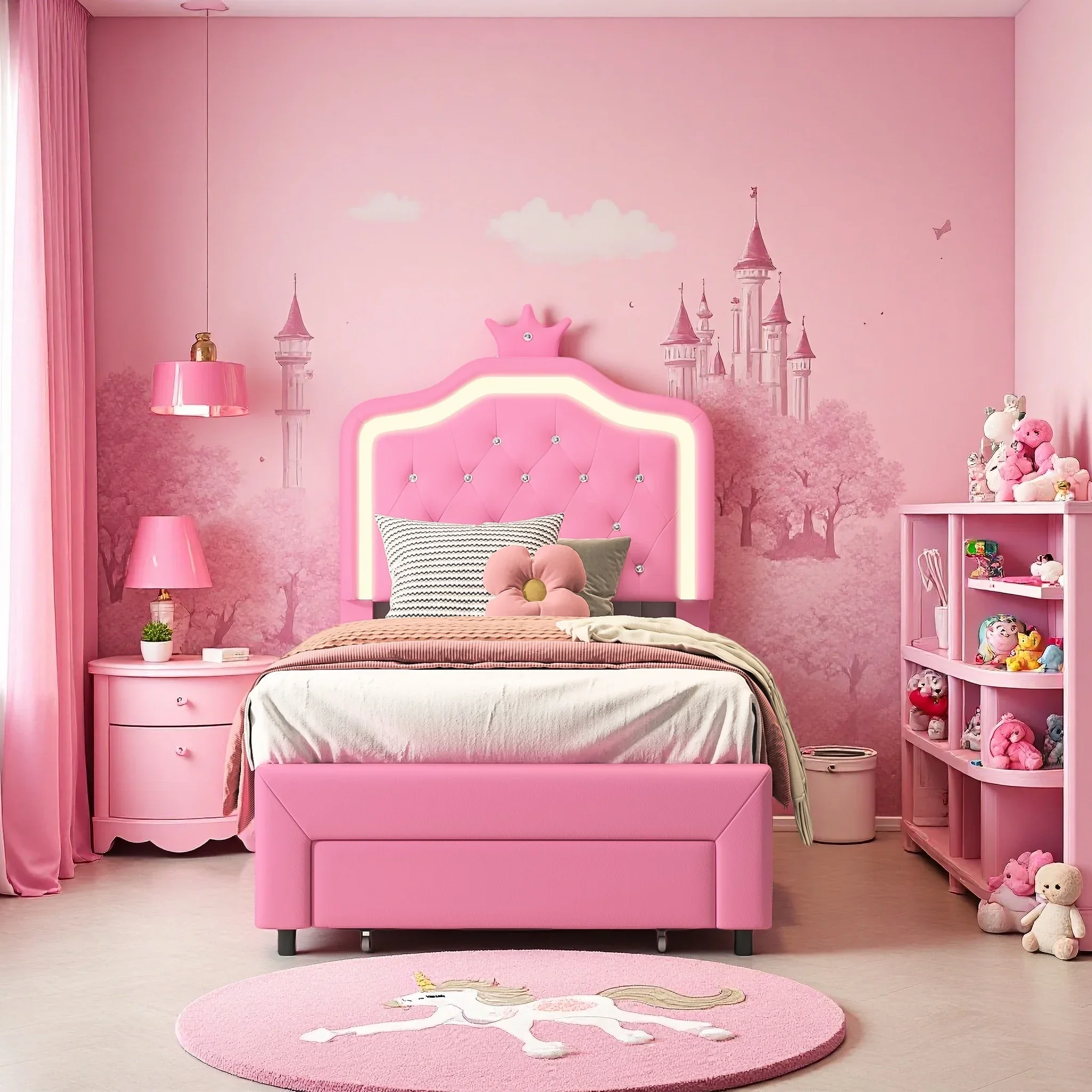 Kinderbett 90 x 200 cm, gepolstertes Bett mit Lattenrost, Prinzessinnenbett, Mädchenbett, Einzelbett, Teenagerbett, PU Image
