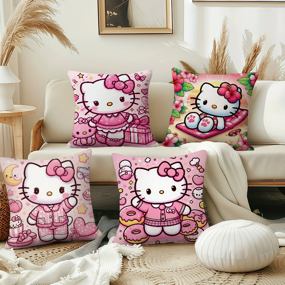 Cartoon-Fanart, rosa Blume, niedliches H-HelloKitty-Kissenbezug, weicher Hogar-Kissenbezug für Sofa, Wohnzimmer, Bett, Heimdekoration, Schutzhüllen Image