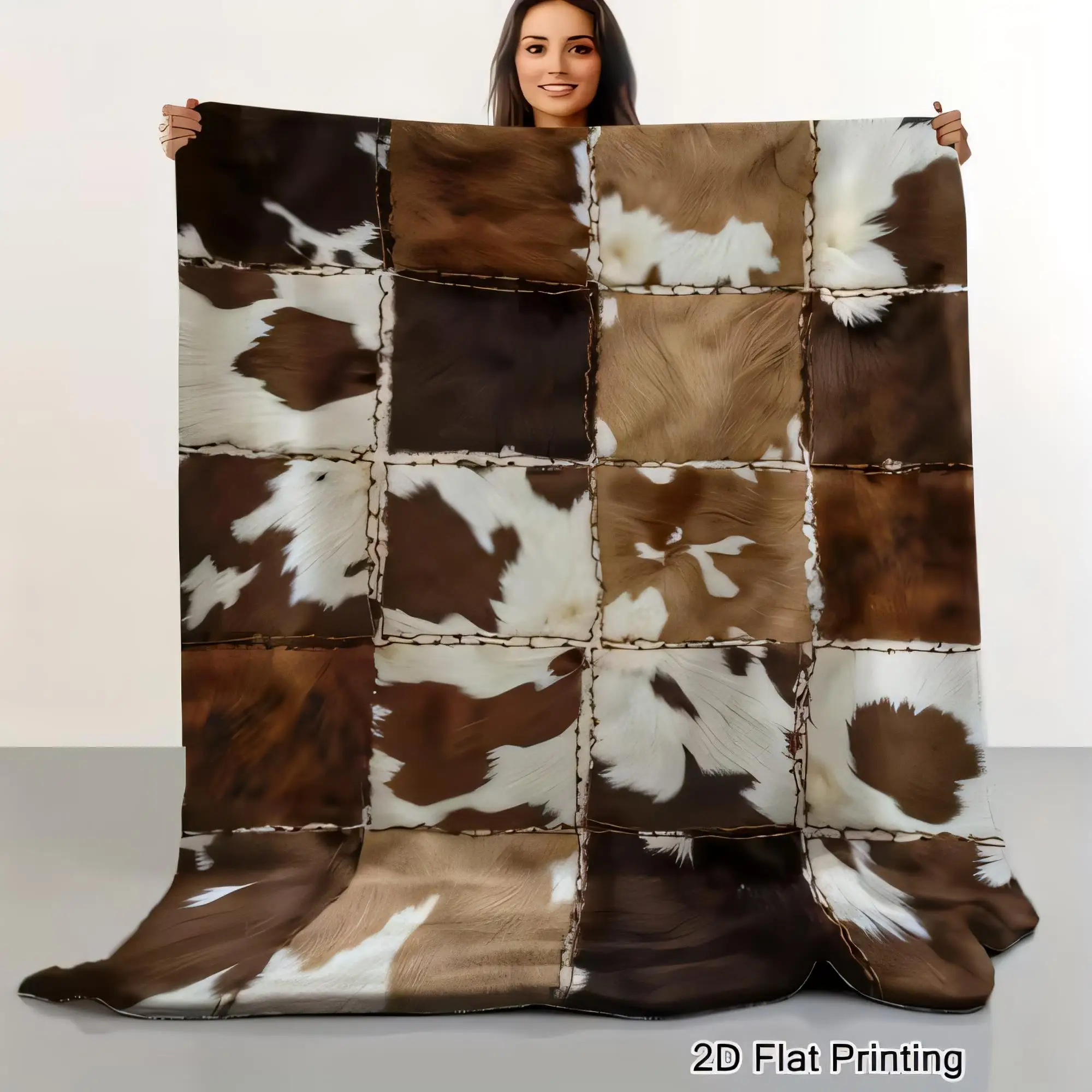 Patchwork-Decke mit Rindsledermuster, groß, quadratisch, gemütlich, weicher Plüschüberwurf für Bett, Sofa, Heimdekoration, perfektes Geschenk für Tierliebhaber, 2D Image