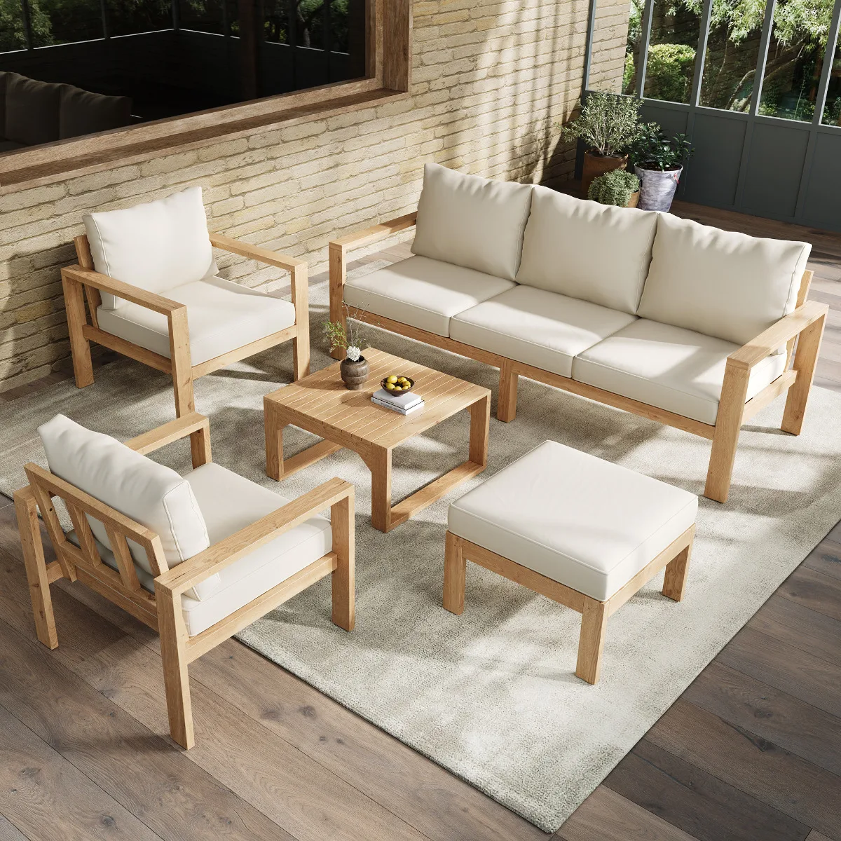 Gartenmöbel-Set für 4-6 Personen, Akazienholzrahmen, 3-Sitzer-Sofa, 2 Stühle, Ottoman, Couchtisch, Natur & Creme Image