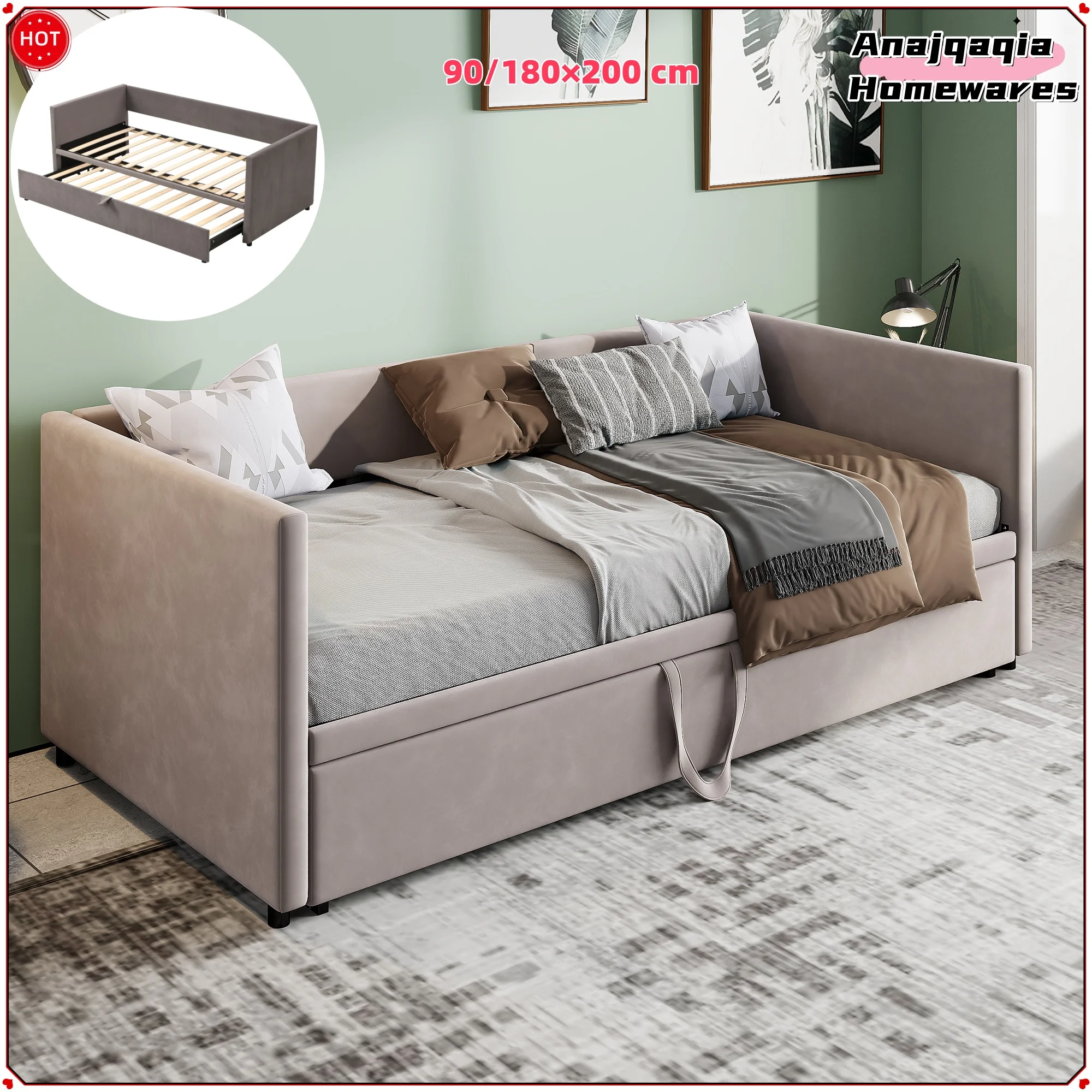 Anajqaqia 90/180×200 cm gepolstertes Schlafsofa mit Armlehnen und Lattenrost, mit Rückenlehne, Multifunktionsbett, Samt, Grau