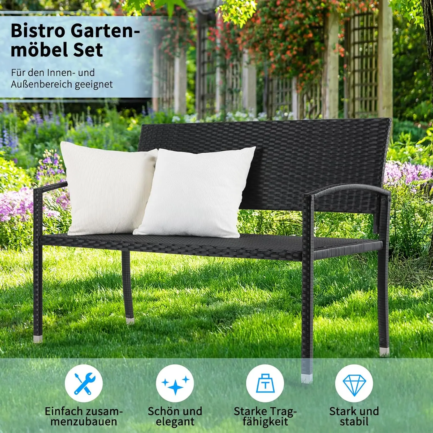Gartenbank, Balkonbank, Gartensofa, Gartenmöbelbank aus Polyrattan, wetterfest 122 x 62 x 90 cm