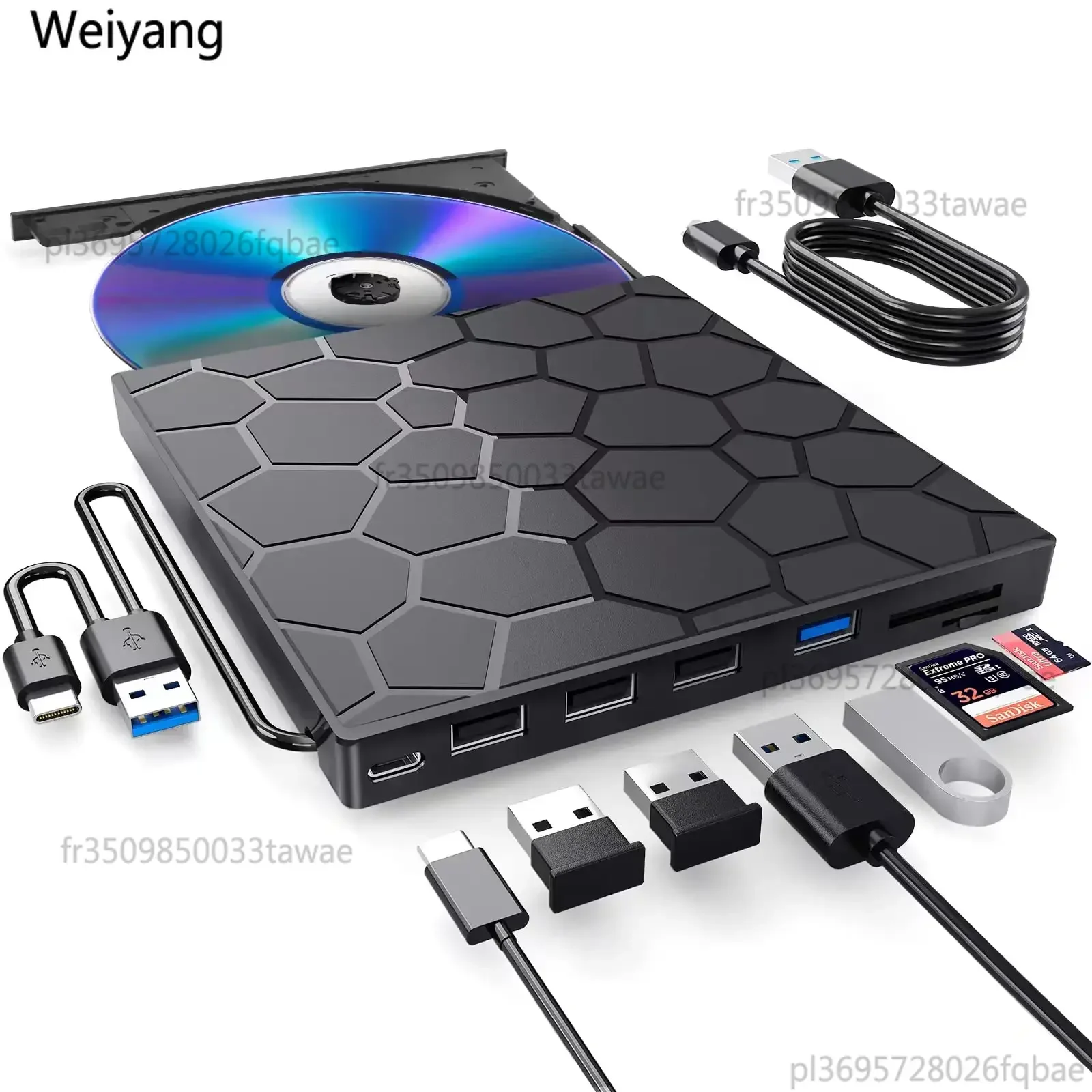 7-in-1 Externes CD/DVD-Laufwerk USB 3.0 Typ C Tragbarer DVD-Player CD-Brenner Externes Festplattenlaufwerk für Desktop Mac Windows Linux Image