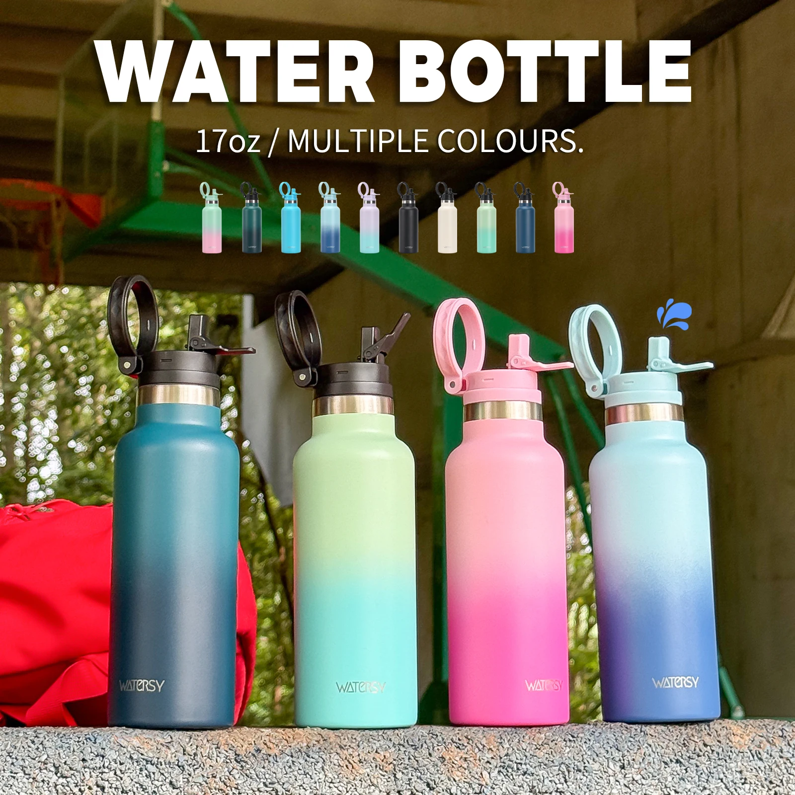 WATERSY 500 ml Edelstahl-Wasserflasche mit Griff und Strohhalm, doppelwandiger isolierter Thermobecher, Isolierflasche für den Sport Image