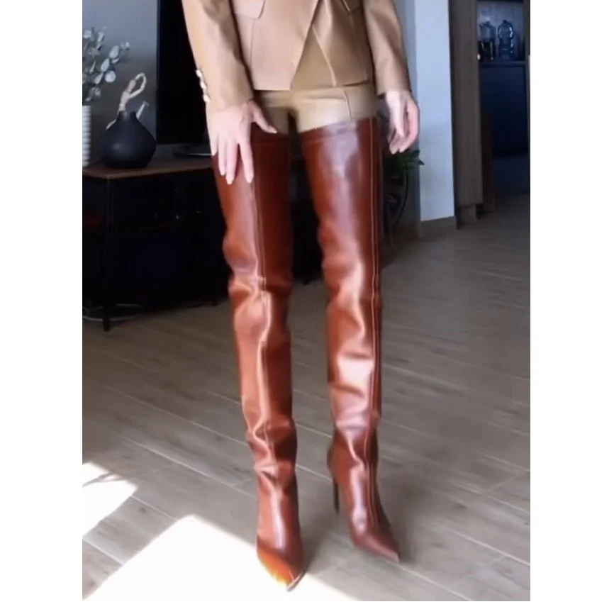 Braun Über Knie Hohe Leder Stiefel Dünne High Heel Sexy Modische Kühle Winter Casual Große Größe Frau Schuhe Zapatillas Mujer