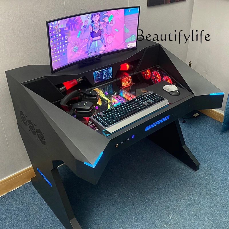 Integrierter Computergehäuse-Tisch, vollständig transparent, wassergekühlt, großes Gehäuse, speziell geformter Computertisch, E-Sport-Tisch