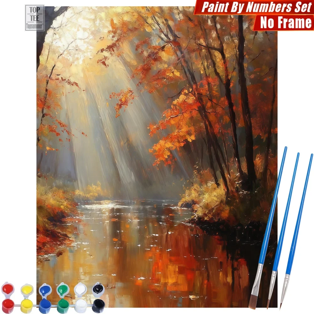 Herbstlicher Wald am Fluss DIY Digitales Ölfarben-Set - Wald am Fluss Herbst Leinwand Wandkunst Halloween Geschenk für Papa