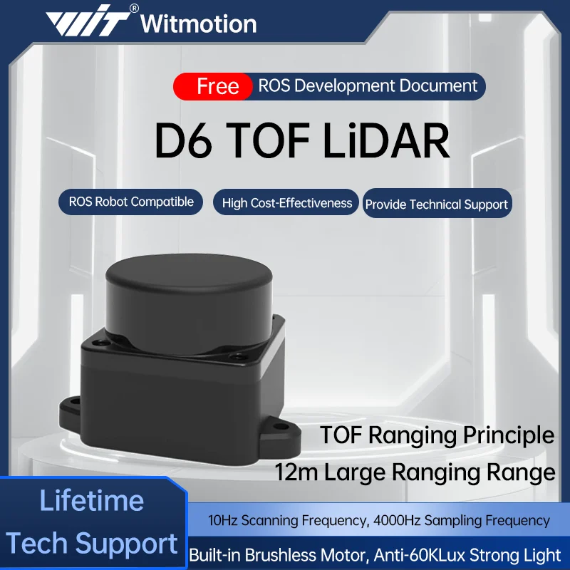 WitMotion dTOF Laser-Lidar-Sensormodul für den Außenbereich, Lichtbeständig bis 60Klx, 5000Hz, 12m, 360° ° Scan-Unterstützung für ROS1, ROS2 und Arduino Image