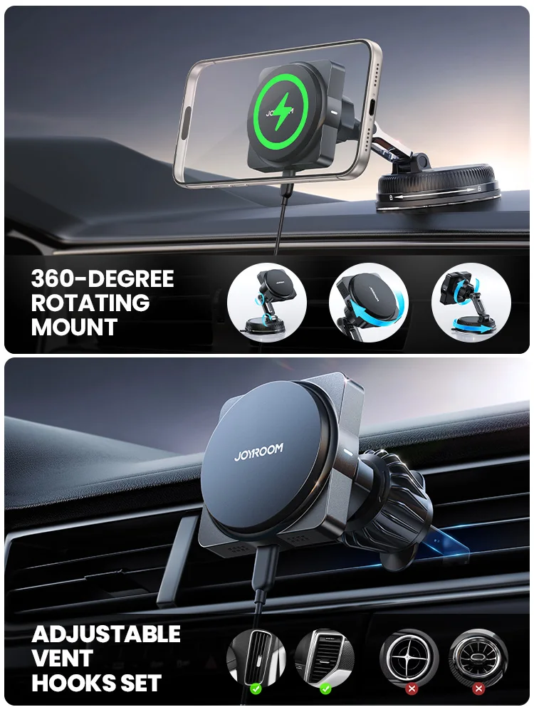 Joyroom Magnetische Autohalterung mit Ladefunktion, Smarte Fingerabdruck-Touch-Rotation, 15W Kabelloses Autoladegerät für Lüftung und Armaturenbrett, Set für iPhone Image