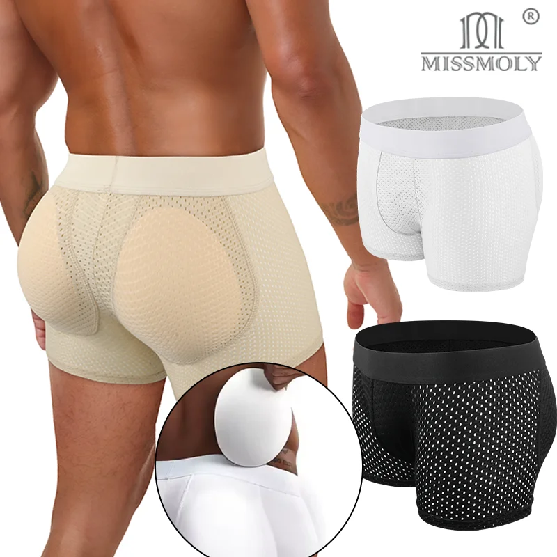 Abnehmbare, gepolsterte Boxershorts für Herren, atmungsaktive Mesh-Unterwäsche, weiche Shorts, hohe Dehnbarkeit, weiche Slip, sexy Po-Lifter, Shapewear-Unterwäsche Image