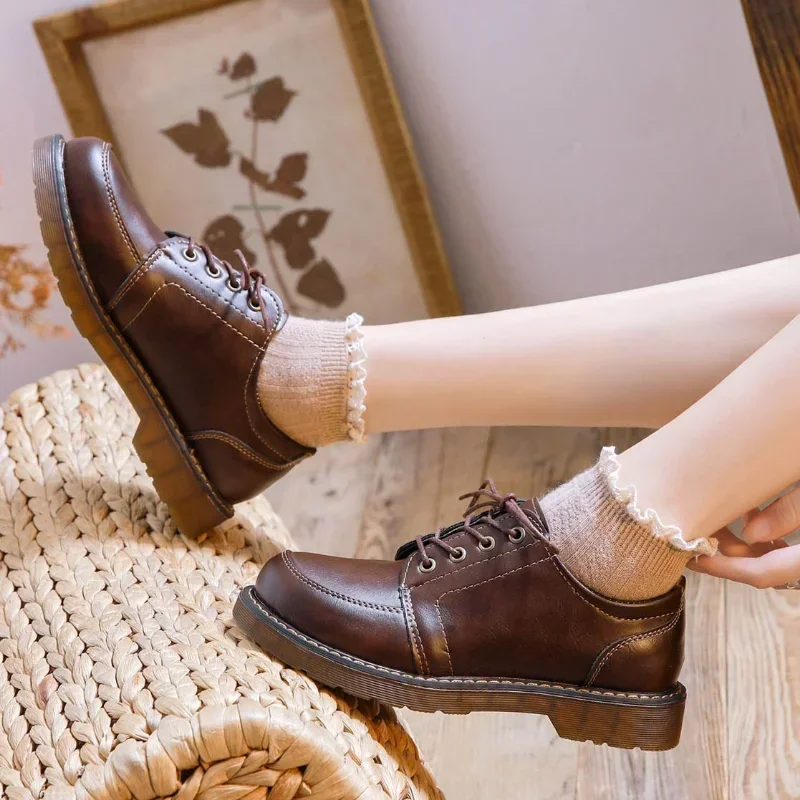 2024 neue Frauen Oxfords frauen Schuhe Damen Leder Weibliche Runde Kappe Nähen Retro Bequeme Schuhe Lolita Schuh Braun 40