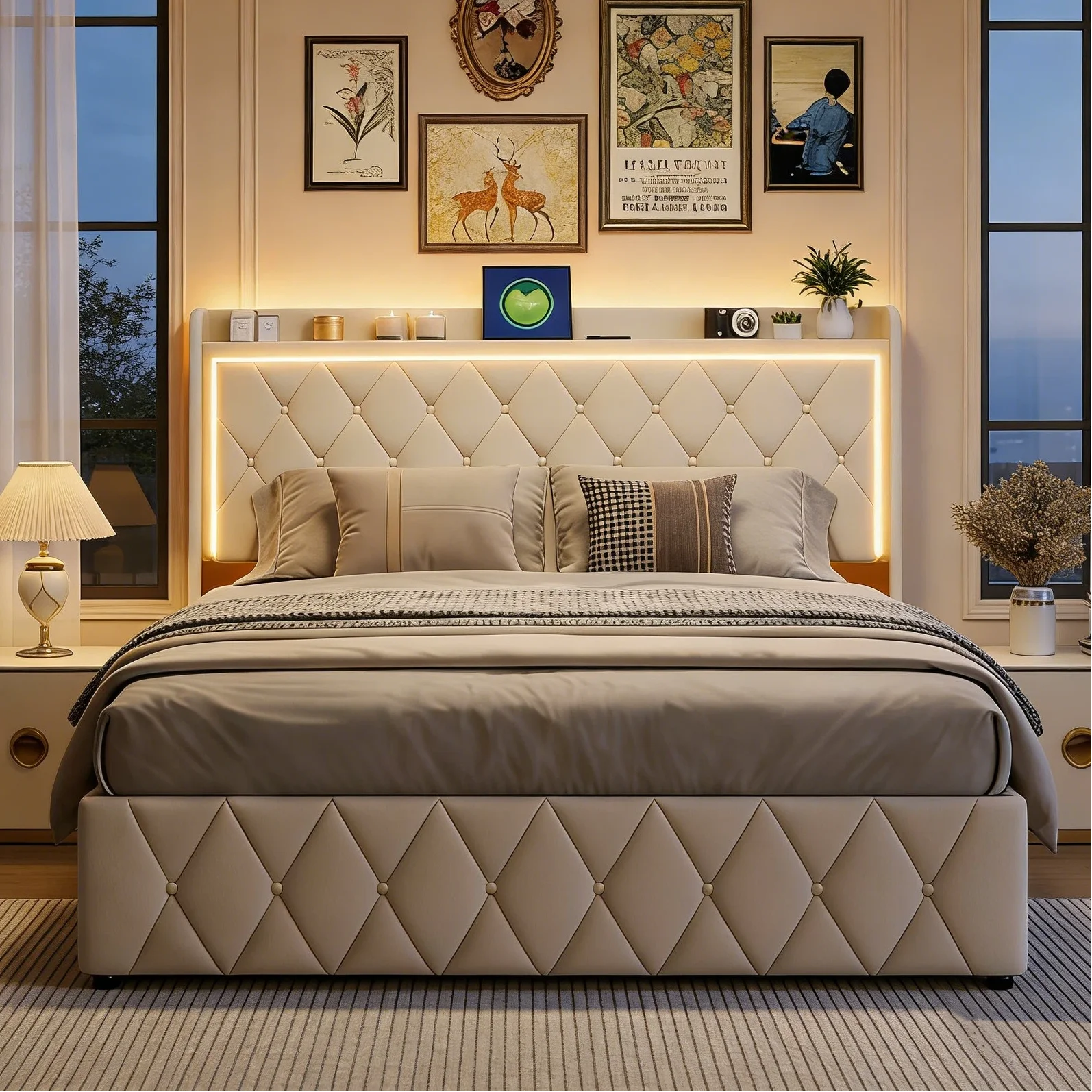 140*200 cm großes Doppelbett mit Polsterung, Lattenrost, Schubladen, LED-Beleuchtung und Typ-C-Ladefunktion, Matratze nicht im Lieferumfang enthalten Image