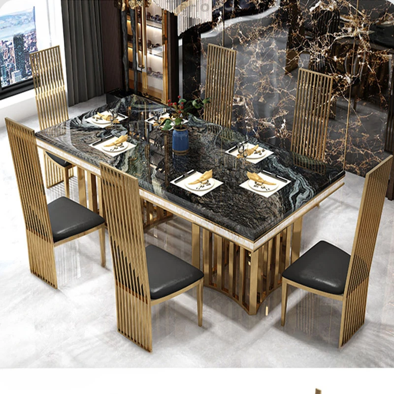 Luxuriöse Marmor-Esstisch-Stuhl-Sets Modernes Design Rechteckiger Esstisch Küchentisch Stuhl Gold Edelstahl