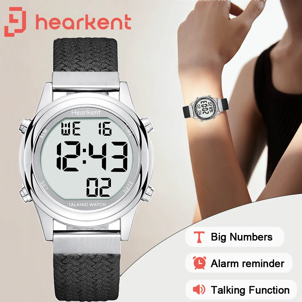 Hearkent Talking Uhr für blinde Frauen, Digitaluhr, lässige Armbanduhr, Alarm, Englisch/Deutsch/Spanisch/Französisch sprechende Uhr Image