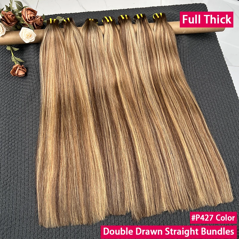 Doppelt gezogen # P4/27 Highlight Ombre Honigbraun Gefärbte Glatte 100% Echthaar-Bündel Unbehandeltes Jungfrauenhaar Haarverlängerungen 100g Image