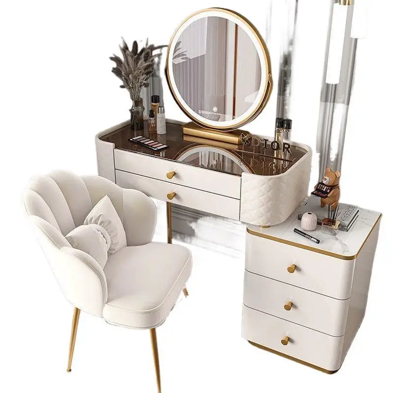 Schminktisch im nordischen Stil, leichter Luxus, Internet-Celebrity-Stil, Glas-Schminktisch, integrierter Aufbewahrungsschrank, Schminktisch mit integriertem Tisch. Image