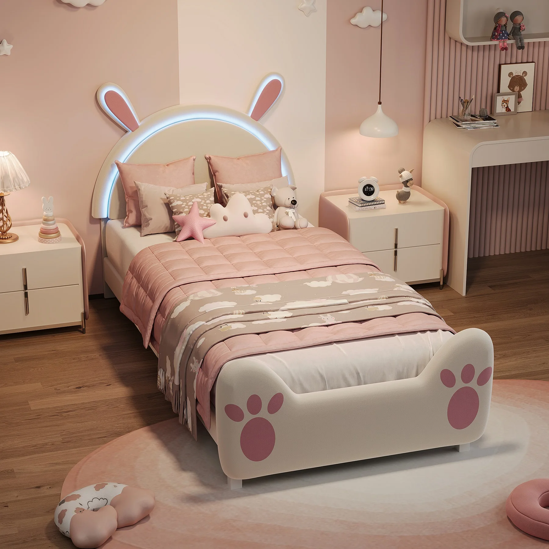 Rosahqnda 90x200cm Kinderbett mit LED-Beleuchtung, Kopfteil mit Hasenohren, Bettgestell für Mädchen, Teenagerbett mit Lattenrost Image