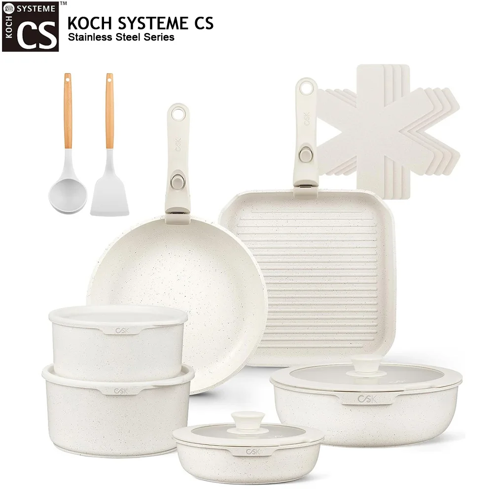 KOCH SYSTEME CS 18-teiliges weißes Topf- und Pfannenset, antihaftbeschichtetes Kochgeschirr-Set mit abnehmbarem Griff, Küchenbratpfanne, Saucenpfanne, Milchtopf Image