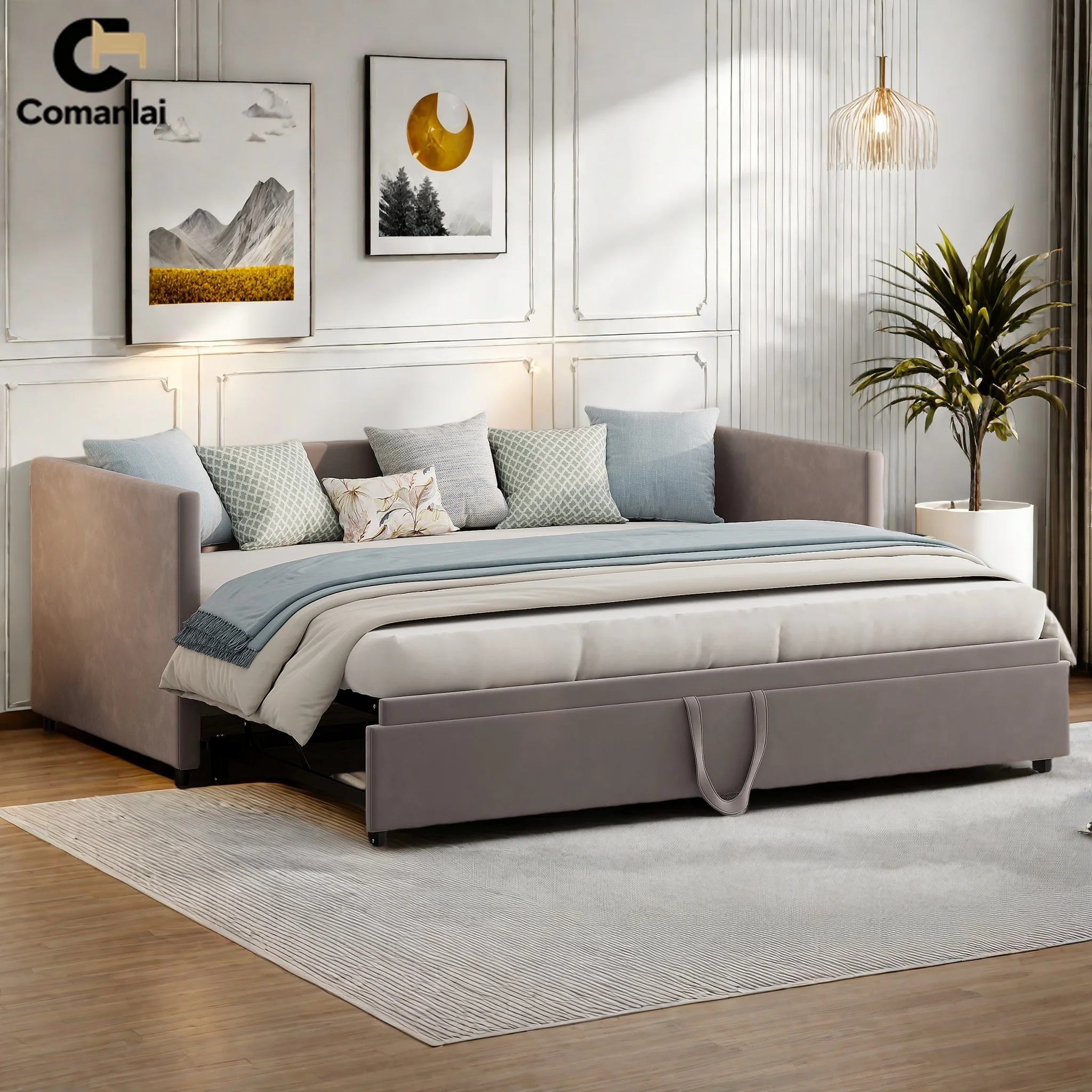 Comanlai 2-in-1 Ausziehbares Sofabett-Gestell 90x200cm, Gepolstertes Doppelbett mit Lattenrost, Einzelbettgestell, Samtstoff