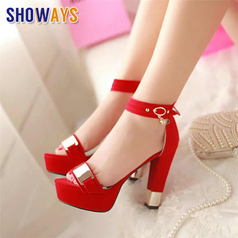 Plus Größe Frauen Plattform Sandalen Rot Blau Flock Hohe Chunky Heels Casual Party Büro Dame Zipper Sommer Bling Ankle Strap Schuhe