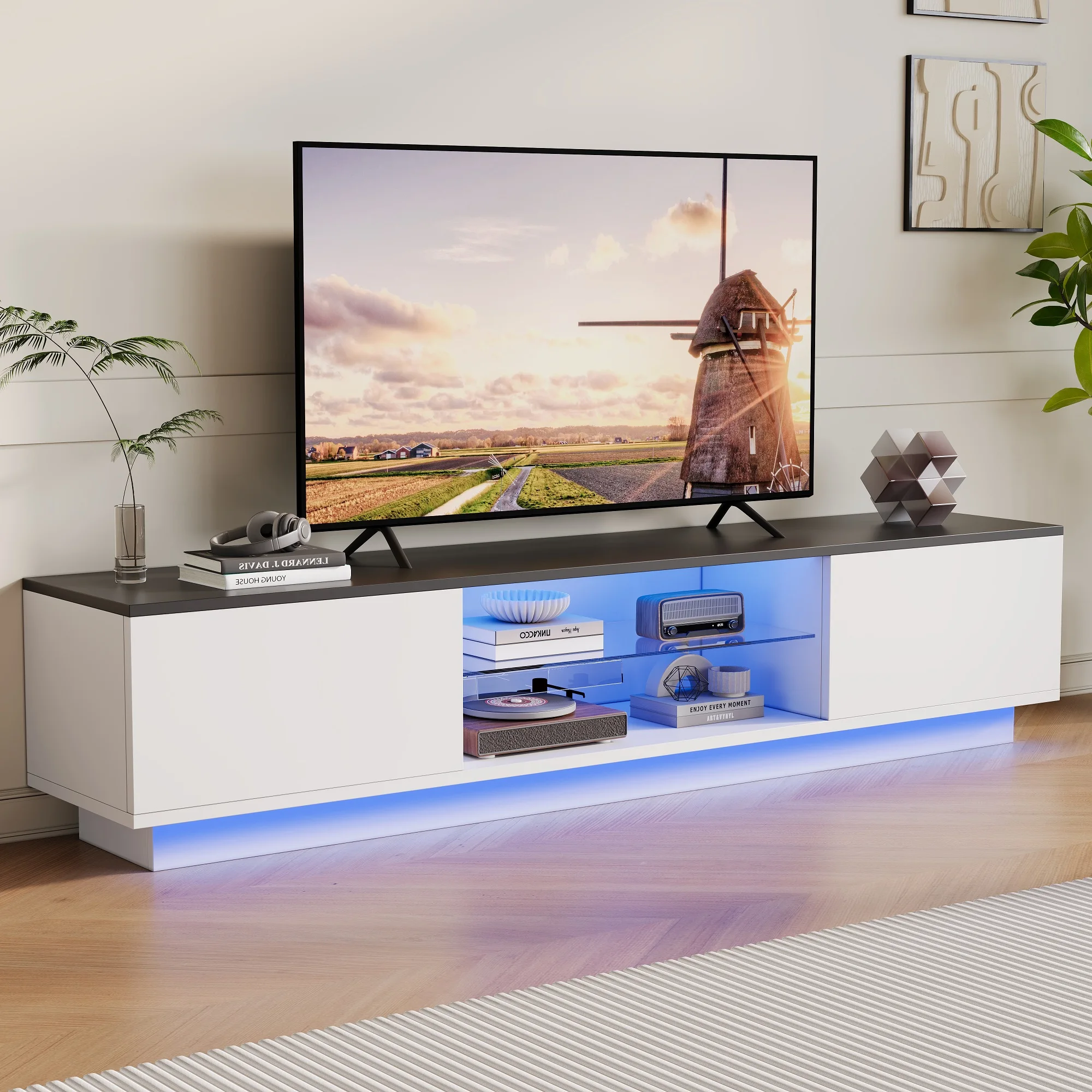 Rosahqnda TV-Schrank mit 2 Türen, 2 Regalen, TV-Lowboard mit LED-Beleuchtung, TV-Board für Fernseher bis zu 65 Zoll für Wohnzimmer, Schlafzimmer