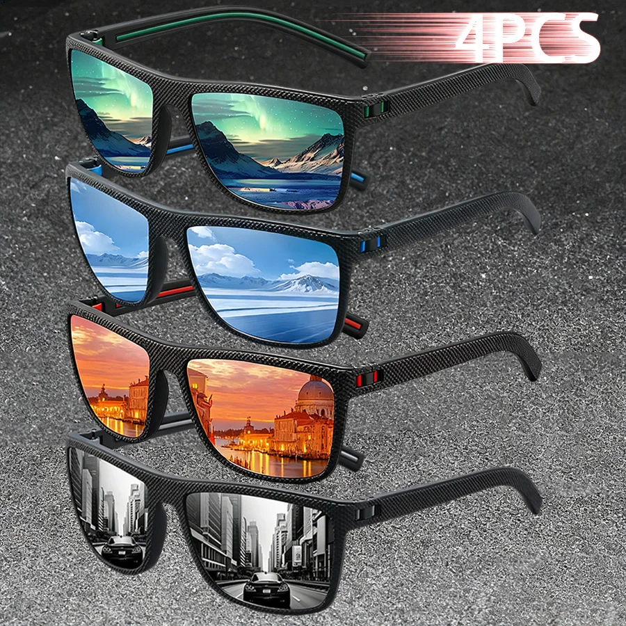 4 Stück quadratische, bunt gestreifte, modische, klassische Sonnenbrillen für Herren und Damen, Freizeit, Angeln, Fahren, Herren-Markendesign, Retro-Sonnenbrille Image