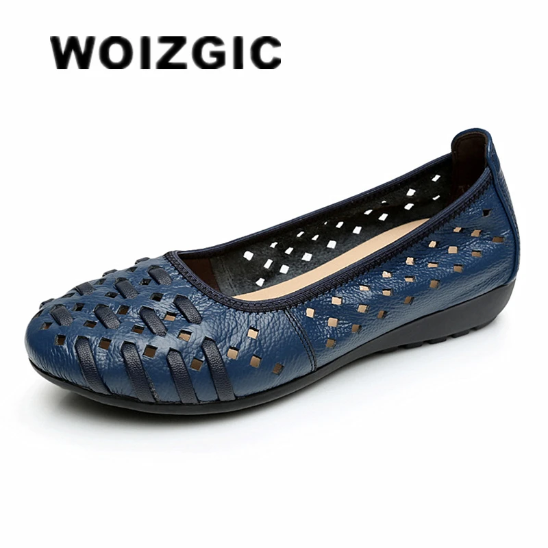 WOIZGIC Mutter-Damenschuhe, Sandalen, flache Schuhe, aushöhlen, echtes Leder, Slip-On-Loafer, weich, Sommer, Strand, Vintage, Übergröße 42 43 Image