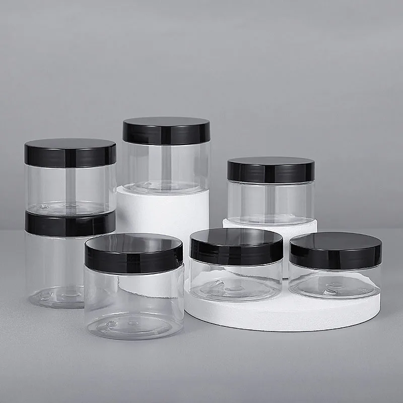 Contenitore in Plastica PET Trasparente per Alimenti 80ml-250ml Barattolo Trasparente con Coperchio Nero per Cosmetici e Cura della Pelle Logo Personalizzato OEM/ODM