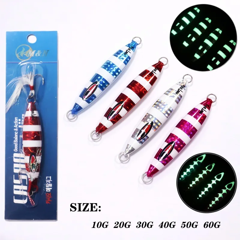 Glow Slow Pitch Jigs 10g 20g 30g 40g 50g 60g Jig in Metallo Esca Luminosa da Pesca in Mare con Paillettes Jig in Metallo Esca Dura Artificiale per Traina e Sgombri