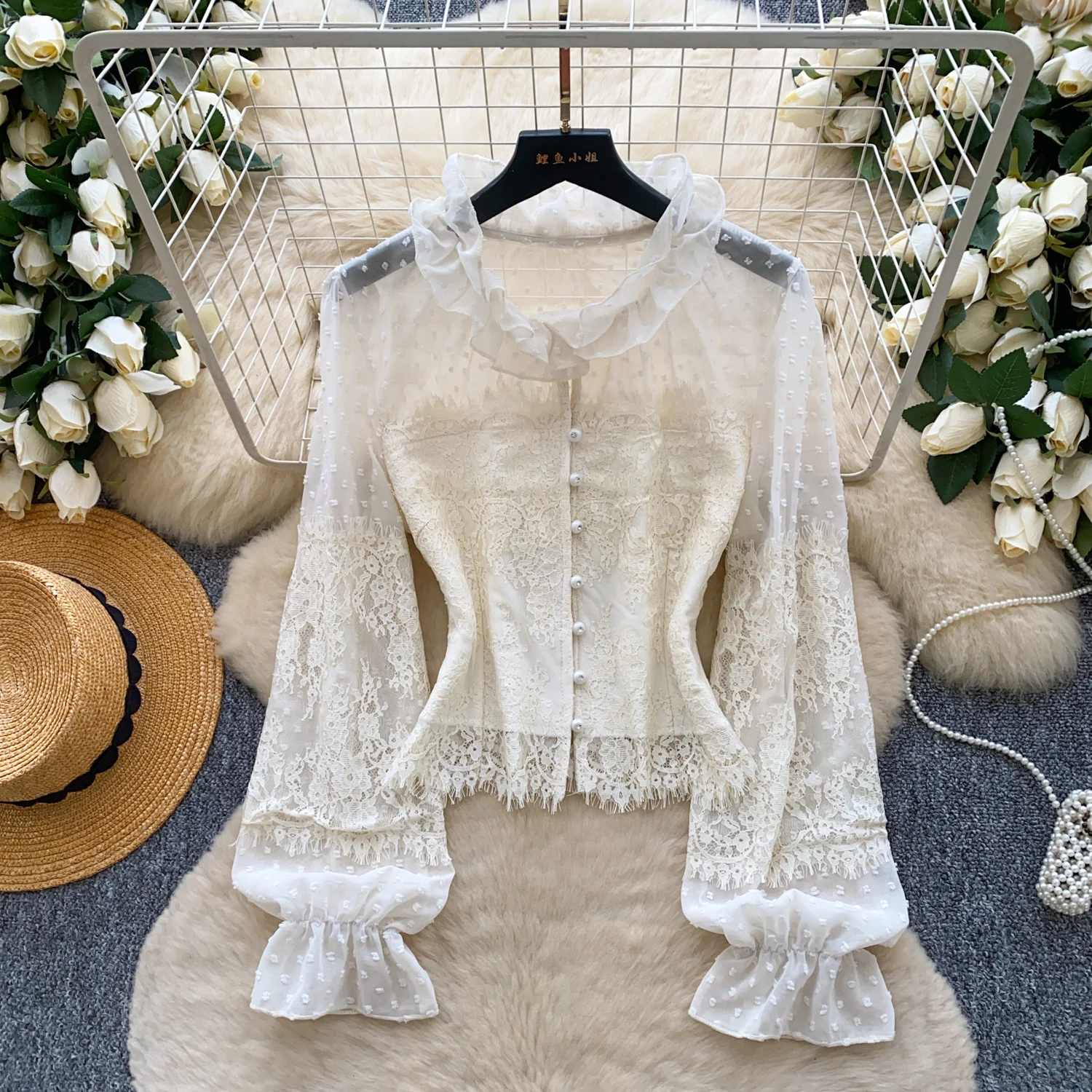 Camicette in Pizzo Dolce a Maniche Lunghe Autunnali per Donne Camicie in Pizzo Tinta Unita Top Eleganti per Signore Abbigliamento Femminile all'Ingrosso