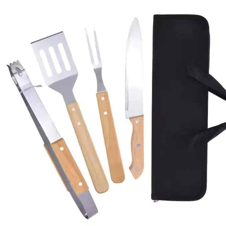 Kit di Accessori per Barbecue Portatile Set di Utensili BBQ in Acciaio Inox con Manico in Legno Forchetta Coltello Spatola da Cucina Pinze