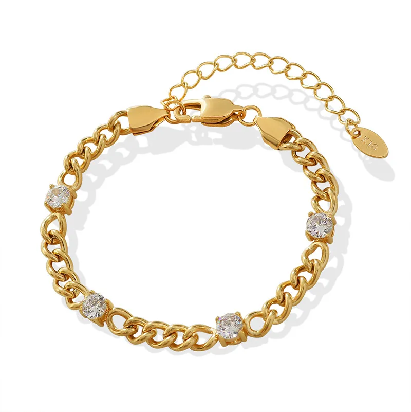 Alla moda bracciali a catena a maglie cubane da donna impermeabili in oro placcato 18K alla moda con polo in acciaio inossidabile Set di gioielli in zircone