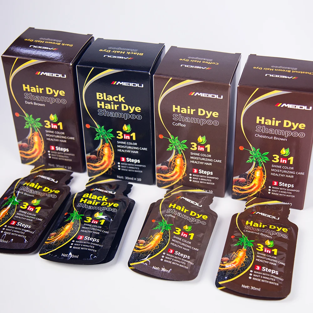 100% shampoo per tinture per capelli castano organico 3 In 1 produttori di colori per capelli Private Label bustina nera Meidu tinture per capelli shampoo