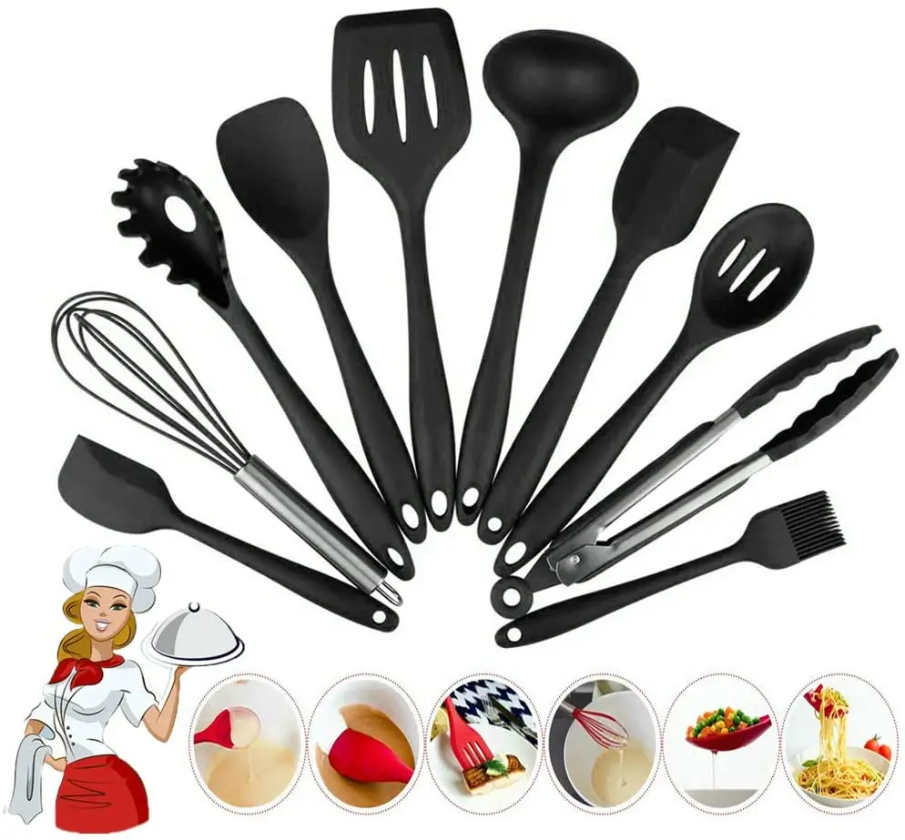 Resistente al calore per uso alimentare 10 pezzi utensili da cucina cucchiaio frusta pinze spatola da cucina antiaderente utensili da cucina in Silicone Set di utensili