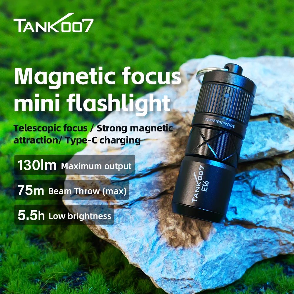 TANK007 E16 Potente Torcia LED Tascabile Portachiavi Zoomabile Mini Torcia Magnetica EDC Ricaricabile