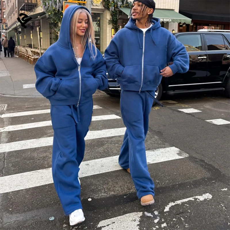 Tuta Sportiva da Uomo in Due Pezzi Personalizzata Pantaloni Larghi in Pile 350 Gsm e Felpa con Zip Set Oversize con Cappuccio Abbigliamento Streetwear